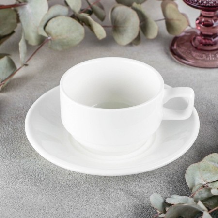 Tea steam porcelain Wilmax Stella, 2 items: a cup 220 ml, a saucer d = 15 cm, white color