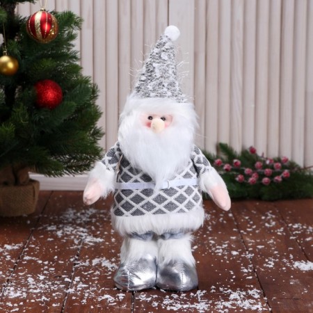 Soft toy "Santa Claus in a suit with a strap, long legs" stands, white-gray-1
