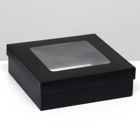 The box is folding, the lid is, black, with a window 20 x 20 x 6 cm