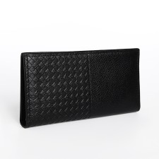 Male purse without fastener, department for bills, for maps, for coins, black color
