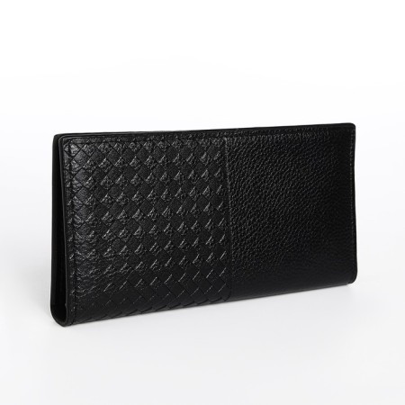 Male purse without fastener, department for bills, for maps, for coins, black color