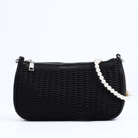 Baget bag with zipper, long belt, black color-1