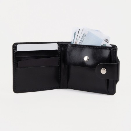 Male purse on a button, for bills, for cards, for coins, black color-3