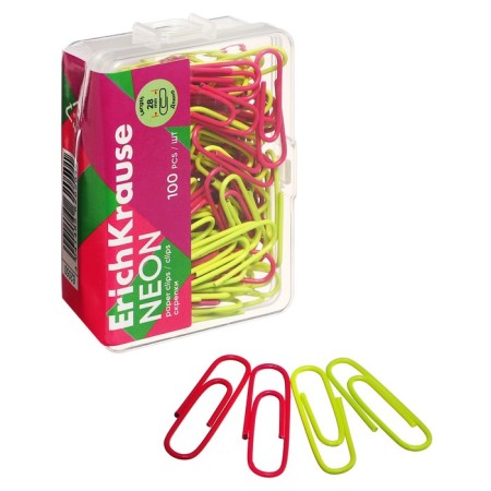 Office paper clips 28 mm, 100 pcs, Erichkrause "Neon", with vinyl coating, in a plastic box, mix
