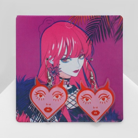 Acryl Earrings "Heart" with a face, the color is pink red