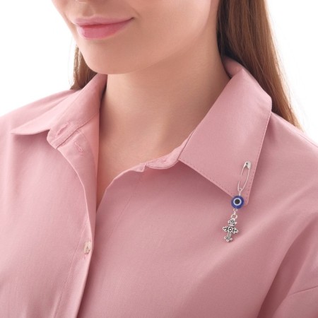 Pin-shaped pins “Protection from the evil eye”, cross, 2.2 cm, white-blue color in silver-4
