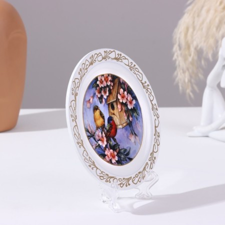 Panel-melting "Birds and a birdhouse", white, d = 14.8 cm, lacquer miniature-1