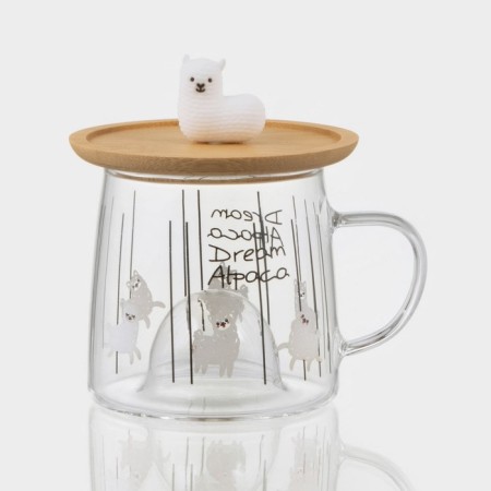 Glass mug with a wooden lid "Lama", 300 ml, Mix drawing-2