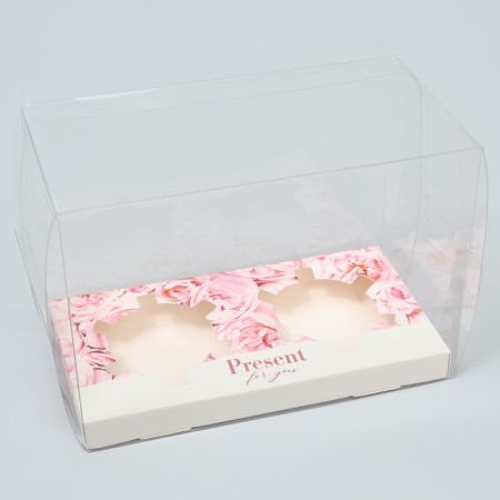 Capcake box, confectionery packaging, 2 cells "Pink flowers", 16 x 8 x 11.5 cm-1