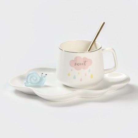 Coffee steam ceramic “cloud”, 3 objects: mug, saucer 21 × 15 cm, spoon h = 13 cm, white color