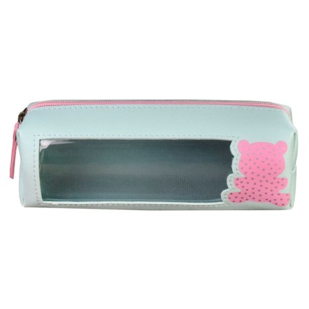 Penal soft, 1 compartment, 55 x 195 x 60 mm, voluminous, artificial leather, with a window, pvc “Bear” green/pink 61342-1