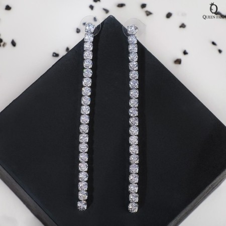 Hanging earrings with the rhinestones “path” minimal, white color in silver, 11 cm-1
