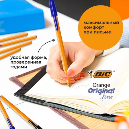 A set of ballpoints BIC Orange Fine, 4 pieces, node 0.8 mm, blue ink, thin letter, orange case-6