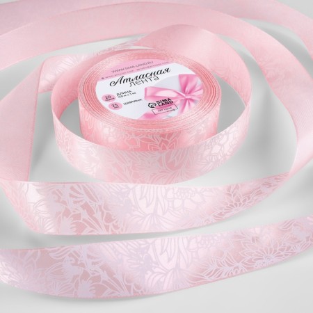 Satin tape "Flowers", 25 mm × 18 ± 1 m, pink color