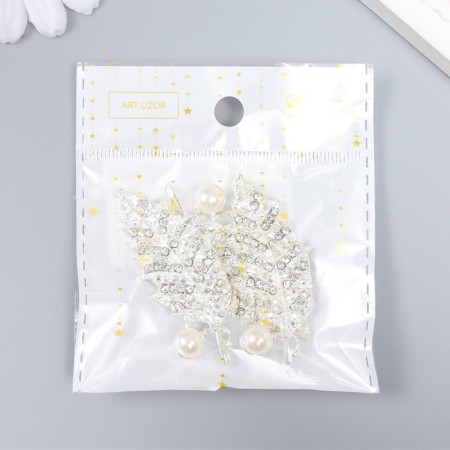 Decor for creativity Metal, plastic "Leaf with pearls and rhinestones" silver 5.5x2.2 cm-3