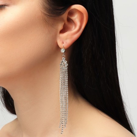 Hanging earrings with “Hollywood” rhinestones, white color in silver, 11.2 cm-2