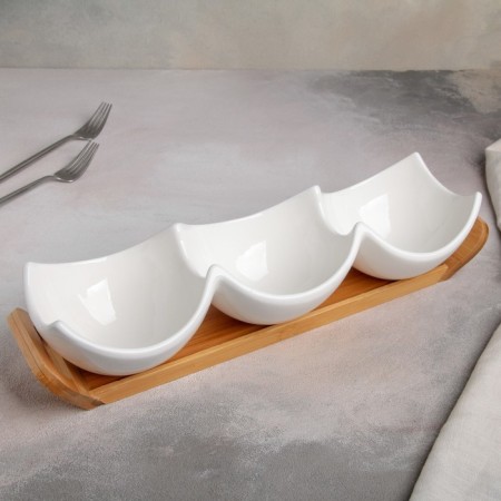 Ceramic Menjnitsa 3 cells on an esthete wooden stand, 39.8 × 11.4 cm, white color