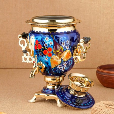 Set "Bird on the blue", sturdy, 3 objects, a samovar 3 l, a teapot 0.7 l, tray-7