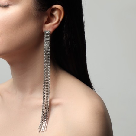 Hanging earrings with rhinestones "Waterfall" mini square, 5 threads, white color in silver, 19.5 cm-3