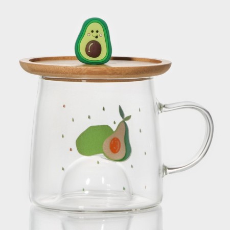 Glass mug with a wooden lid "Avocado", 350 ml, Mix drawing-11