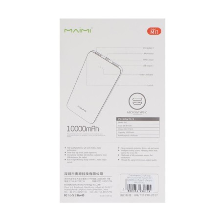 External Maimi Mi1, 10,000 mAh, 2 USB, MicroUSB, Type-C, 2.1 A, white-9