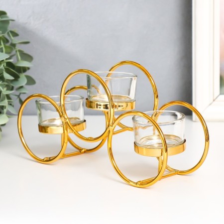 Climber metal, glass for 3 candles "double rings" d-4.5 cm gold 22.5x7.5x11 cm-3