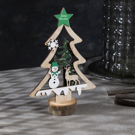 LED figure "Christmas tree with a snowman" 13 × 20 × 5 cm, wood, batteries CR2032x1, glow warm white-1