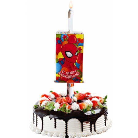 Candle-Surprise in a cake, with a postcard, Spider-Man
