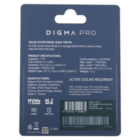 SSD Digma Pro PCIE 5.0 X4 1TB DGPST5001TP6T4 Top P6 M.2 2280-3