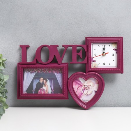 Photo frame with clock "Love" 2 photos, burgundy