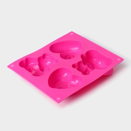Baking uniform “Bear and Heart”, silicone, 17 × 15 cm, 4 cells, pink color-4