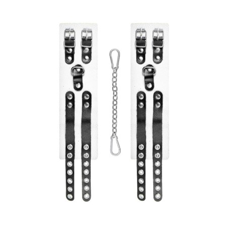 The shackles of Pecado BDSM, soft, with two straps, with eyelets, genuine leather, white-black-3