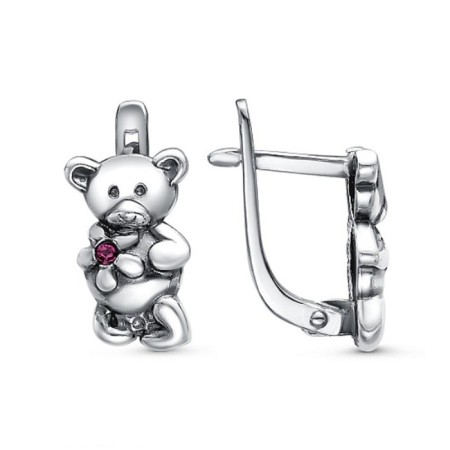 Earrings children's "Bear" with a flower, echoing with oxidation, pink color