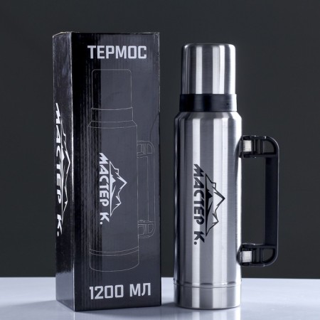 Thermos, 1.2 l, movement, "master K.", with a circle, retains heat 18 hours, 36 x 11 cm, chrome
