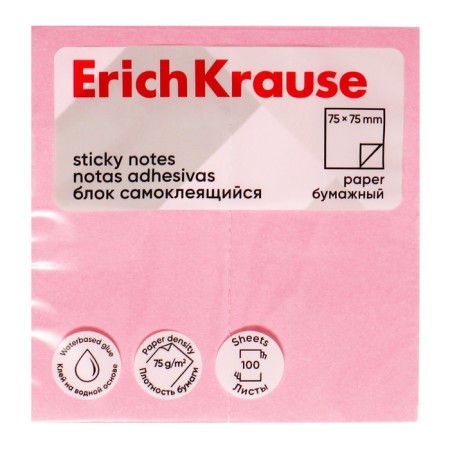 Block with a sticky edge paper 75x75 mm, Erichkrause, 100 sheets, pink