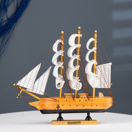 The ship souvenir medium "Ginder", board is light wood, white sails, 30x7x30 cm-7