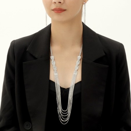 Set 2 objects: earrings, necklace "ice" pigtail, 80cm, white color in silver, 80cm-3