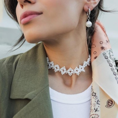 Choker "Pearl" embroidery, white color in silver, 30 cm-2