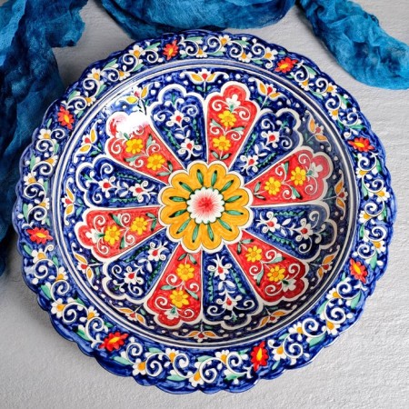 The pancake of Rishtan ceramics "Flowers", 37 cm, blue-2