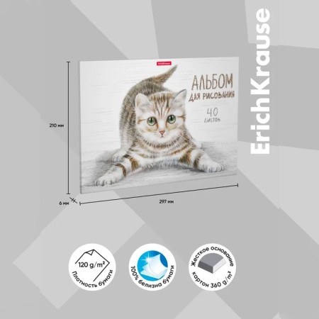 Album for drawing A4, 40 sheets, block 120 g/m², glue, Erich Krause "Tabby", 100% whiteness, solid substrate-4