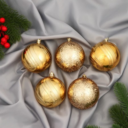 Set of balls plastic D-8 cm, 5 pcs "Bahore" strip shine, gold