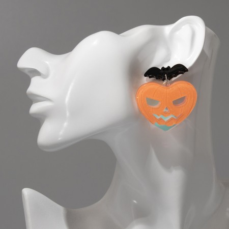 Acryl Earrings "pumpkins" with bats, colored in silver-2