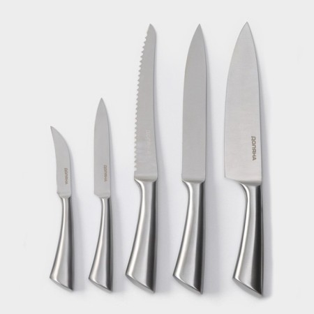 A set of kitchen knives on the ardone stand, 7 objects: 5 knives, musat and scissors, chrome color-2
