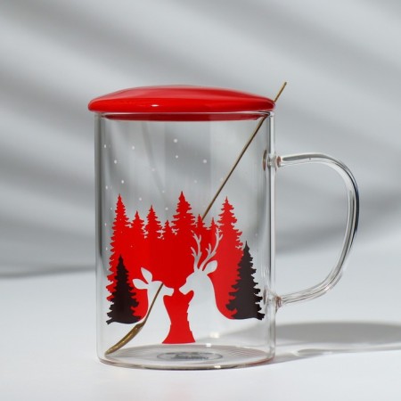 Glass mug with a spoon and lid "Winter Forest", 470 ml-5