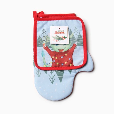 Set of kitchen. Dolyana "Happy Dragon": mittens 20x28 cm, severity 17x17 cm, 35% HL, 65% PE-5