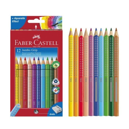 Pencils, 12 colors, Faber-Castell Jumbo Grip, three-sided with a grinder