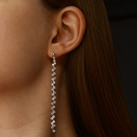Hanging earrings with Princess rhinestones sophisticated, white color in silver, 8 cm-2