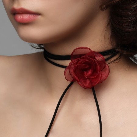 Choker "Tango" flower on threads, the color is red-black, 30cm