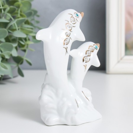 Souvenir Ceramics "Two White Dolphin on the Wave" Rhinestones 12 cm-1