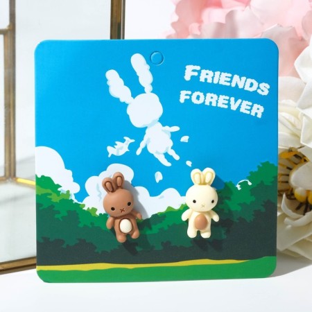 Earrings plastic "Bunny", white-brown color in silver-2